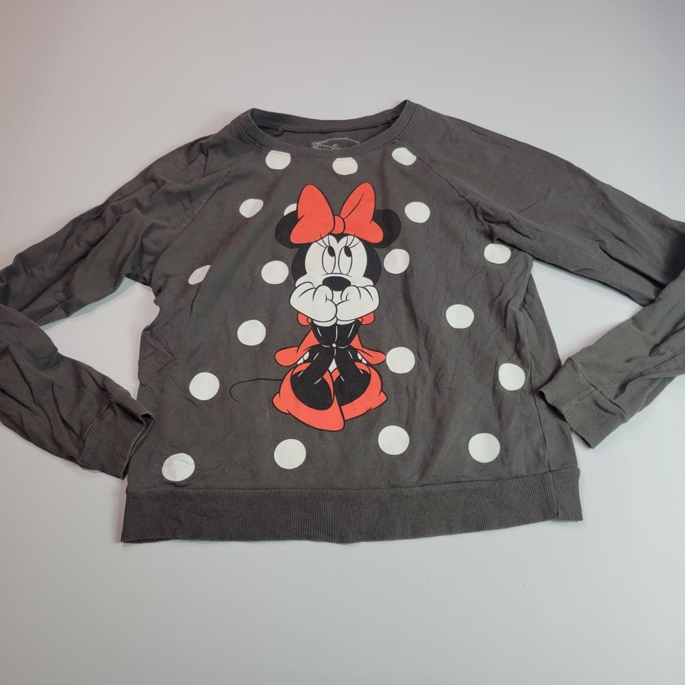 Disney Minnie Mouse Womens Sweatshirt L Gray Polka Dot Casual
